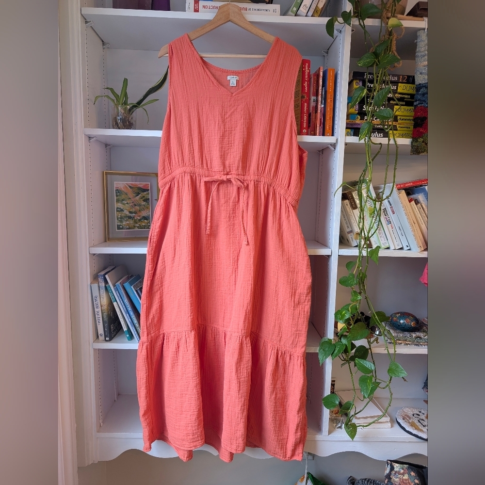 L.L. Bean Coral Tiered Midi Dress